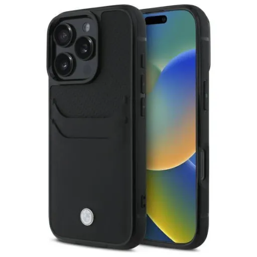 Eredeti tok IPHONE 16 PRO MAX BMW Hardcase Signature bőrtok kártyatartóval (BMHCP16X22RSEPK) fekete tok