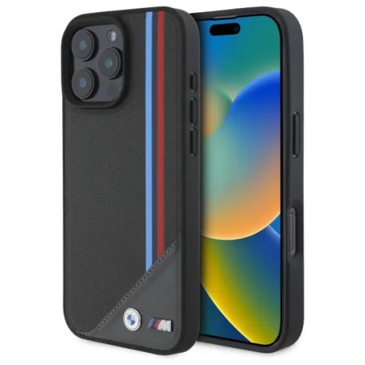 Eredeti IPHONE 16 PRO MAX BMW M Meshed Tricolor Stripes MagSafe kemény tok (BMHMP16X23PUTRA) antracit tok