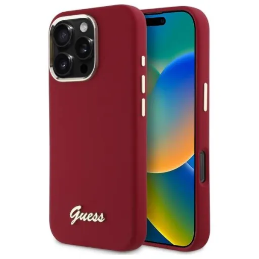 Original Case IPHONE 16 PRO Guess Hardcase Szilikon Script Fém Logó (GUHCP16LSMBSLM) piros tok