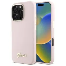 Eredeti tok IPHONE 16 PRO MAX Guess keménytok szilikon Script fém logóval és kerettel (GUHCP16XSMBSLP) rózsaszín tok