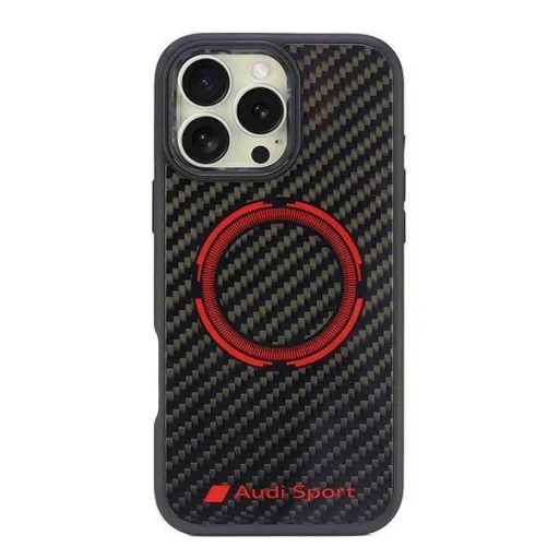 Eredeti tok IPHONE 16 PRO MAX Audi Carbon Fiber Sport Piros Kör MagSafe (AUS-TPUPCMIP16PM-RSQ/D5-BK) fekete tok