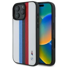  iPhone 16 Pro Max fehér BMW Keménytok M Perforált Tricolor Nyomtatott Csíkok MagSafe (BMHMP16X23PUPTH) eredeti tok
