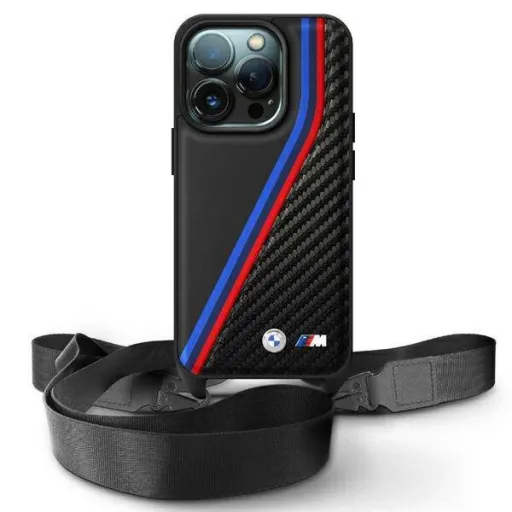 Eredeti tok IPHONE 16 PRO BMW Hardcase M Edition Carbon Tricolor Csíkok & Pánt (BMHCP16L23PSVTK) fekete tok