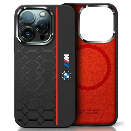 Eredeti tok iPhone 16 Pro Max BMW Hardcase Szilikon Hexagon Piros Vonallal MagSafe (BMHMP16X23SHER) fekete tok