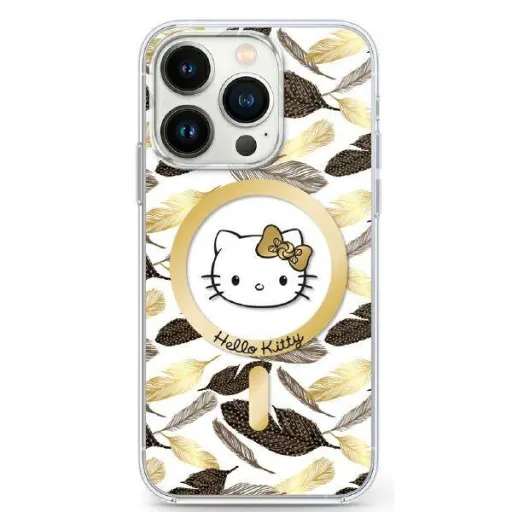 Eredeti Hello Kitty fliptok iPhone 16 Pro Max Hardcase IML Arany levelek MagSafe (HKHMP16XHGLEH) fehér tok