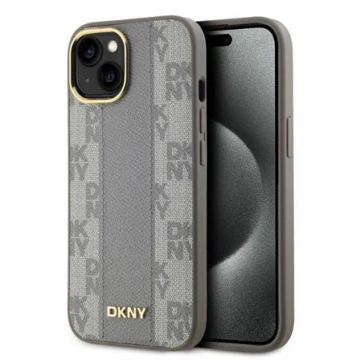 DKNY Bőr Kockás Mono Minta MagSafe iPhone 14 tok - Bézs