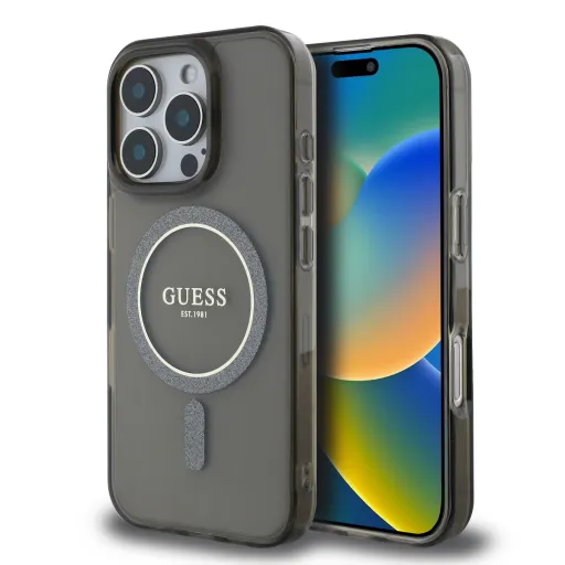 Guess IML Glitter Ring MagSafe tok iPhone 16 Pro Max fekete tok