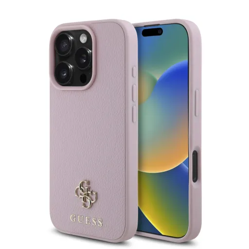 Guess PU Grained 4G Kis Fém Logó MagSafe Tok iPhone 16 Pro Max Pink