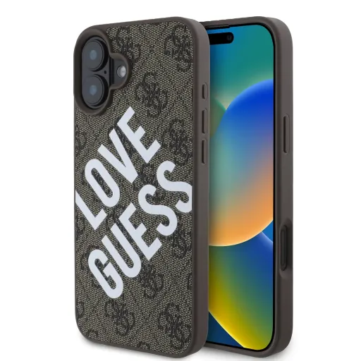 Guess PU bőr 4G Big Love Logo MagSafe tok iPhone 16-hoz Barna