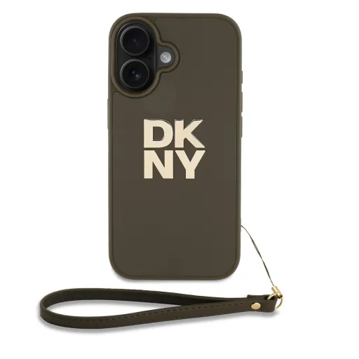 DKNY PU bőr Stack Logo csuklópántos tok iPhone 16 zöld, DKNY PU bőr Stack Logo csuklópántos tok iPhone 16 zöld,