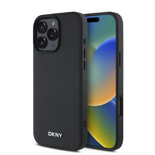 DKNY PU bőrtok ezüst fém logó Magsafe tok iPhone 16 Pro Max fekete