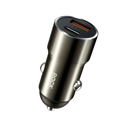 Rock autós töltő H20 - USB + Type C - 15W 3A sötétszürke