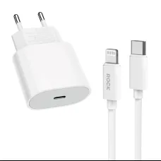 Rock hálózati töltő T18 Sugar Cube sorozat GaN - Type C - QC 3.0 PD 20W Type C - Lightning kábellel fehér