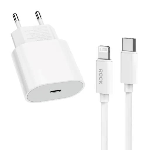 Rock hálózati töltő T18 Sugar Cube sorozat GaN - Type C - QC 3.0 PD 20W Type C - Lightning kábellel fehér