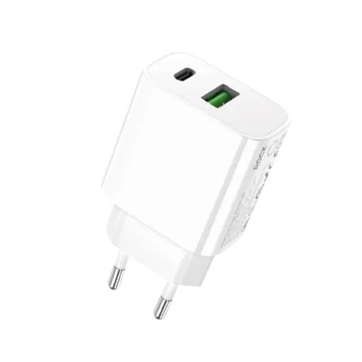 Rock fali töltő T43 - USB + Type C - QC 3.0 PD 20W 3A fehér