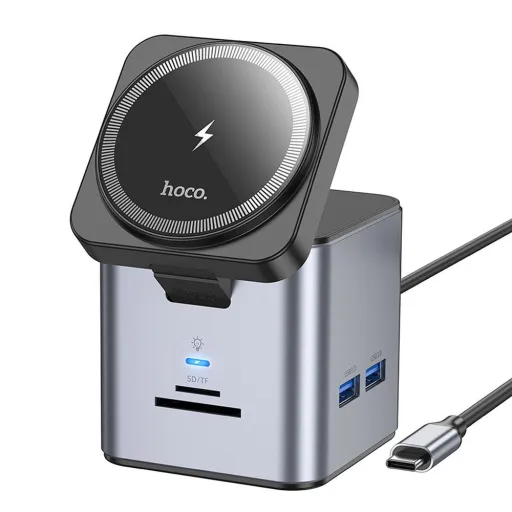 HOCO adapter HUB 9 az 1-ben Type C vezeték nélküli töltővel HB49 fém szürke