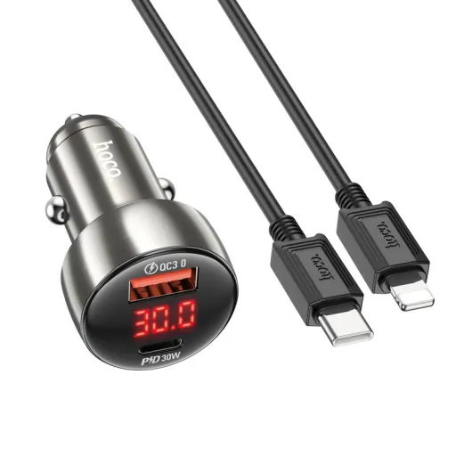 HOCO autós töltő USB A + Type C digitális kijelzővel + Type C – Lightning kábel PD QC3.0 3A 48W Z50 fém szürke