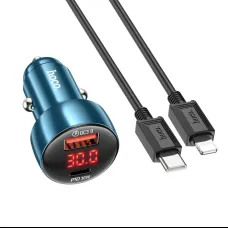 HOCO autós töltő USB A + Type C digitális kijelzővel + Type C - Lightning kábel PD QC3.0 3A 48W Z50 fém szürke