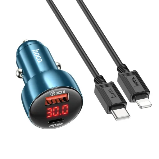 HOCO autós töltő USB A + Type C digitális kijelzővel + Type C - Lightning kábel PD QC3.0 3A 48W Z50 fém szürke