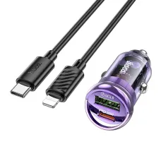 HOCO autós töltő USB A + Type C + kábel Type C to Lightning PD QC3.0 3A 30W Z53A lila