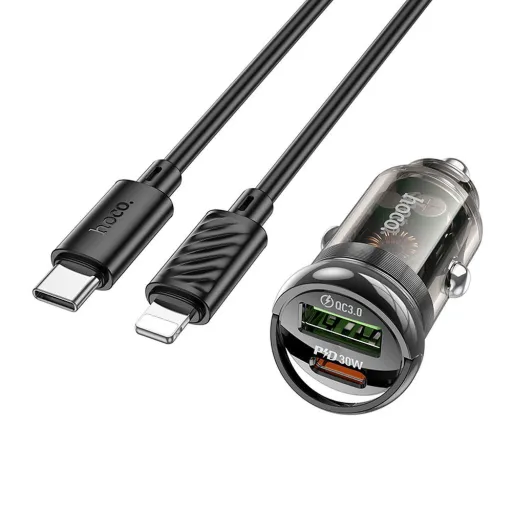HOCO autós töltő USB A + Type C + Type C to Lightning kábel PD QC3.0 3A 30W Z53A fekete