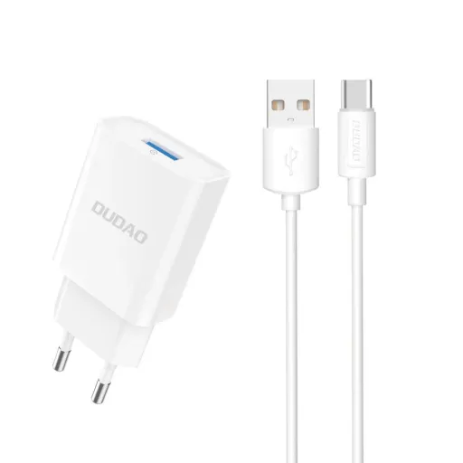 Dudao A4EU USB-A 2.1A hálózati töltő adapter - fehér + USB-A - USB-C kábel