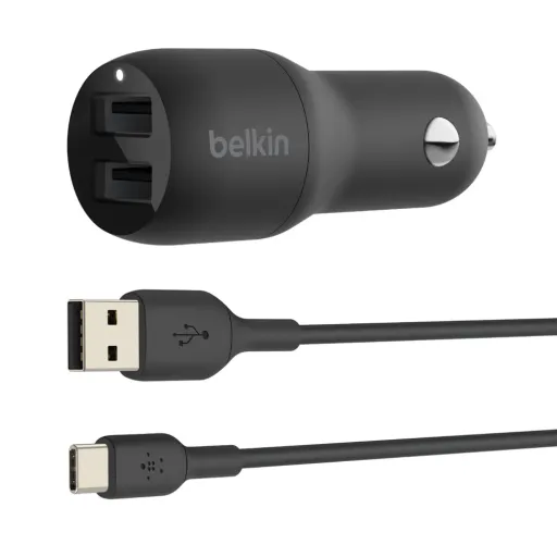 Belkin BOOST TÖLTŐ Autós Töltő Kettős USB-A 24W + USB-A - USB-C Kábel - Fekete