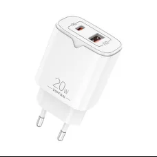 VFAN E08 hálózati töltő, USB + USB-C, 20W PD + QC 3.0 (fehér)