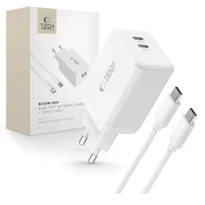 Tech-Protect NC45W-GAN 2-portos hálózati töltő PD45W + Type-C kábel fehér