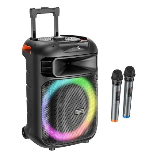 HOCO vezeték nélküli hangszóró dancer kültéri karaoke + 2x vezeték nélküli mikrofon LED Winner HA5 fekete (+ FBT, TF, USB, AUX)