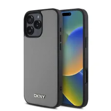 DKNY PU bőr ezüst fém logós Magsafe tok iPhone 16 Pro Max-hoz szürke tok