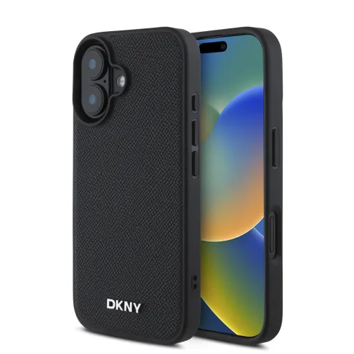 DKNY PU Bőr Ezüst Metál Logós Magsafe iPhone 16 tok Fekete