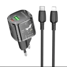 Borofone fali töltő BN17 Sunlight - USB + Type C - QC 3.0 PD 20W 3A Type C - Lightning kábellel fekete