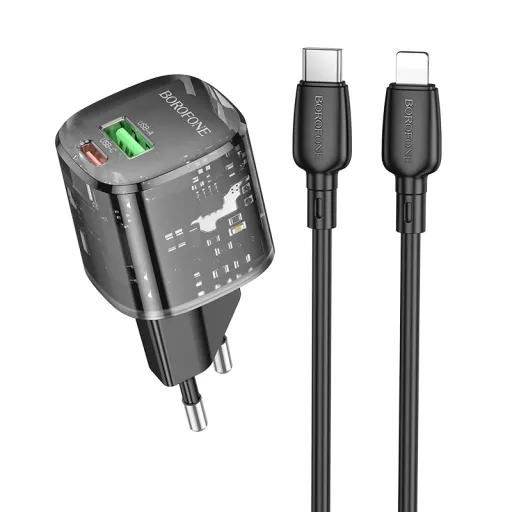 Borofone fali töltő BN17 Sunlight - USB + Type C - QC 3.0 PD 20W 3A Type C - Lightning kábellel fekete