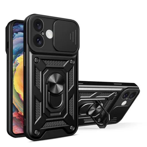 Hybrid Armor Camshield iPhone 16 Páncélos Tok Kamerafedéllel és Álvánnyal - Fekete