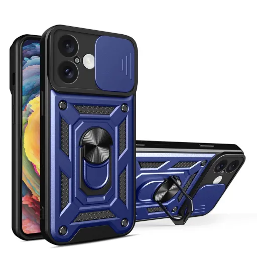 Hybrid Armor Camshield iPhone 16 tok kameravédővel és állvánnyal - Kék tok Hybrid Armor Camshield iPhone 16 tok kameravédővel és állvánnyal - Kék tok