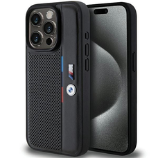 BMW Perforált Tricolor Vonallal ellátott tok iPhone 15 Pro - fekete