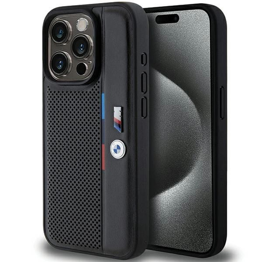 BMW Perforált Tricolor Vonallal ellátott tok iPhone 15 Pro - fekete BMW Perforált Tricolor Vonallal ellátott tok iPhone 15 Pro - fekete