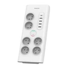 Túlfeszültségvédős hálózati elosztó PHILIPS hosszabbító kábel 6 aljzattal + 6xUSB-A + 1xUSB-C 2m 16A fehér