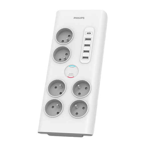 Túlfeszültségvédős hálózati elosztó PHILIPS hosszabbító kábel 6 aljzattal + 6xUSB-A + 1xUSB-C 2m 16A fehér