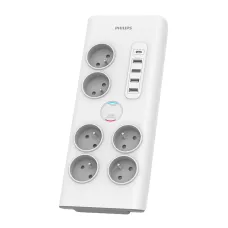 Túlfeszültségvédős hálózati elosztó PHILIPS hosszabbító kábel 6 aljzattal + 6xUSB-A + 1xUSB-C 2m 16A fehér