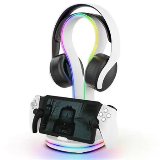 iPega P5P23 Töltő RGB Állvány Playstation Portal Távirányítós Játékoshoz Fülhallgató Tartóval Fehér