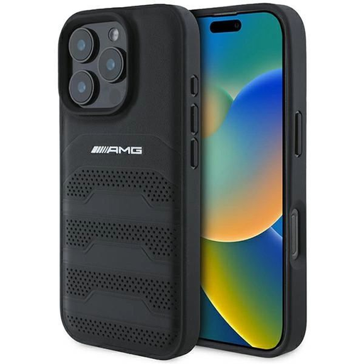 AMG Bőr Dombornyomott Vonalak Logó iPhone 16 Pro Max tok – Fekete AMG Bőr Dombornyomott Vonalak Logó iPhone 16 Pro Max tok – Fekete