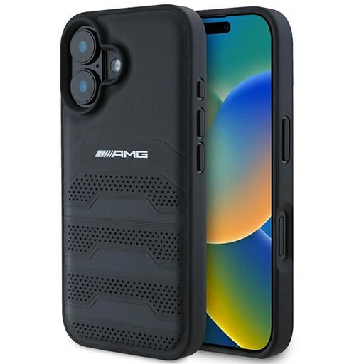 AMG Bőr Domborított Vonalak Fekete Logó iPhone 16 Tok - Fekete AMG Bőr Domborított Vonalak Fekete Logó iPhone 16 Tok - Fekete