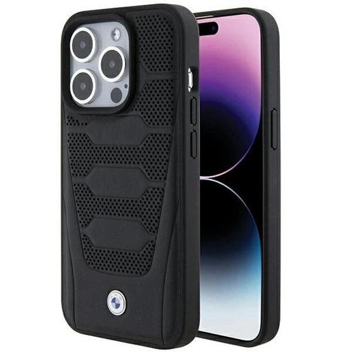 BMW Bőr Üléshuzat mintázatú tok iPhone 15 Pro Max-hoz - fekete BMW Bőr Üléshuzat mintázatú tok iPhone 15 Pro Max-hoz - fekete