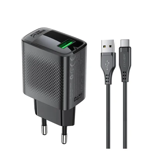 Acefast A90 GaN USB-A QC 18W töltő - Fekete + USB-A / USB-C kábel