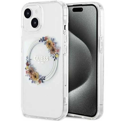 Guess IML Flowers Wreath MagSafe iPhone 15 / 14 / 13 tok - áttetsző Guess IML Flowers Wreath MagSafe iPhone 15 / 14 / 13 tok - áttetsző