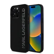 Karl Lagerfeld 3D Gumi Csillogó Logós Tok iPhone 16 Pro Max Fekete Tok