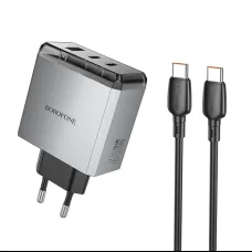 Borofone hálózati USB-C, Type-C töltő BN22 Lena GaN - 2xType C + USB - QC 3.0 PD 65W, Type C-ről Type C-re kábellel, szürke