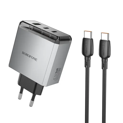 Borofone hálózati USB-C, Type-C töltő BN22 Lena GaN - 2xType C + USB - QC 3.0 PD 65W, Type C-ről Type C-re kábellel, szürke
